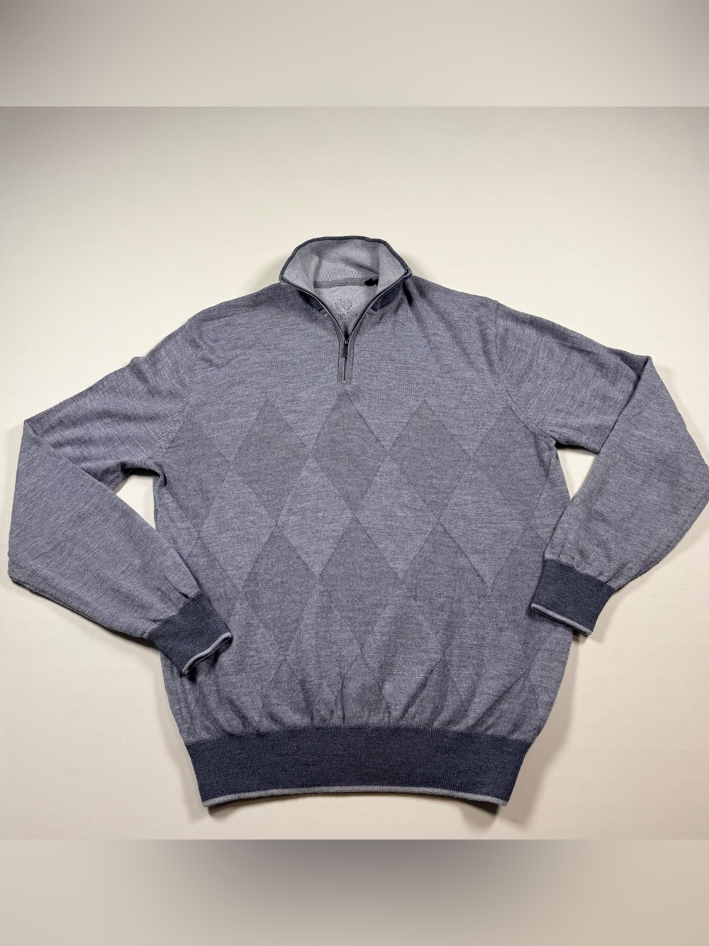 Bugatchi Men’s L Gray Argyle Quarter Zip Mock Neck Merino Wool Sweater
